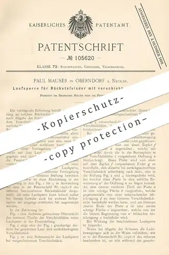 original Patent - Waffenfabrik Paul Mauser , Oberndorf , 1898 , Laufsperre für Rückstoßlader | Waffe , Pistole , Gewehr