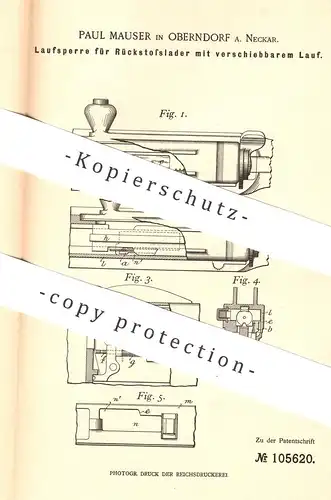 original Patent - Waffenfabrik Paul Mauser , Oberndorf , 1898 , Laufsperre für Rückstoßlader | Waffe , Pistole , Gewehr