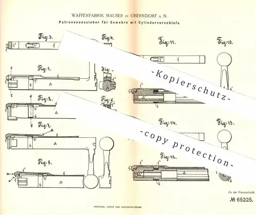 original Patent - Waffenfabrik Mauser , Oberndorf , 1892 , Patronenauszieher f. Gewehr | Waffe , Jagd , Pistole , Pistol