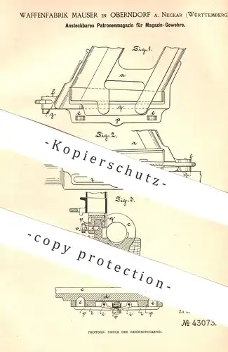original Patent - Waffenfabrik Mauser , Oberndorf , 1887 , Patronenmagazin für Magazingewehr | Gewehr | Waffe , Jagd !!!