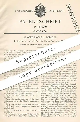 original Patent - Arnold Racke , Koblenz 1900 , Zylinderverschluss für Handfeuerwaffe | Revolver , Gewehr  Pistole Waffe