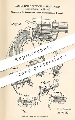 original Patent - Daniel Baird Wesson , Springfield , Massachusetts USA , 1894 , Abzugssperre f. Revolver | Gewehr Waffe