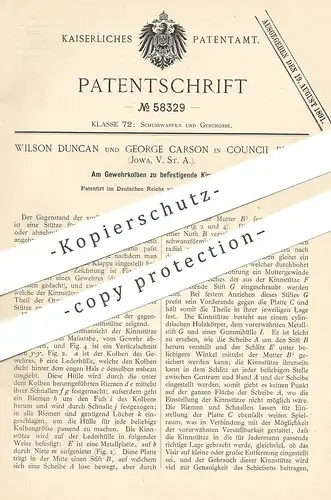 original Patent - Wilson Duncan , George Carson , Council Bluffs , Iowa , USA | Kinnstütze für Gewehr | Pistole | Waffe