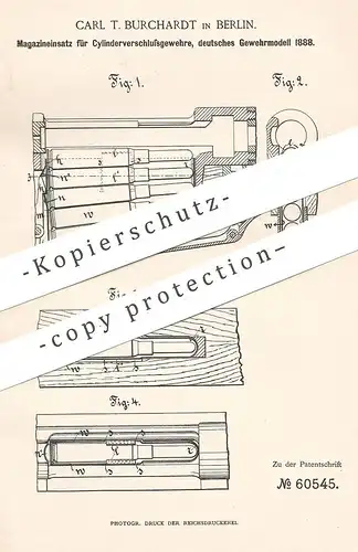 original Patent - Carl T. Burchardt , Berlin , 1891 , Magazineinsatz für Gewehr | Pistole , Pistol | Waffe , Jagd !!!