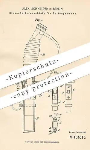 original Patent - Alex. Schneider , Berlin , 1898 | Verschluss für Gewehre | Gewehr | Pistole , Pistol | Waffe , Jagd !!