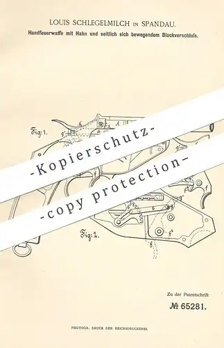 original Patent - Louis Schlegelmilch , Berlin / Spandau 1892 , Handfeuerwaffe | Gewehr | Pistole Pistol | Waffe , Jagd