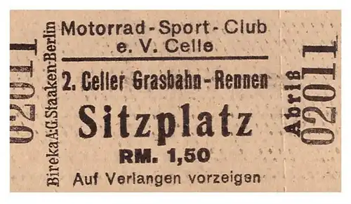 2.Celler Grasbahn-Rennen , Eintrittskarte ca. 1932 , Motorsport Celle , Bier - Werbung , Schilling-Bräu , Motorrad Club
