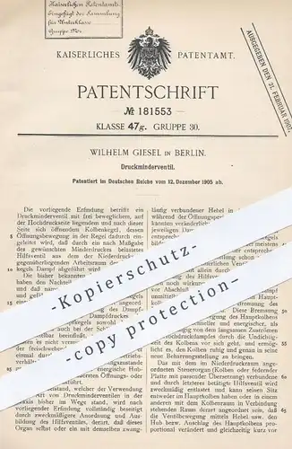 original Patent - Wilhelm Giesel , Berlin , 1905 , Druckminderventil | Druck - Ventil | Kolben , Dampfmaschine , Motor !