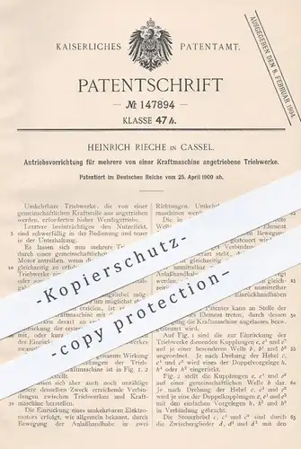 original Patent - Heinrich Rieche , Kassel , 1900, Antrieb für mehrere Triebwerke einer Kraftmaschine | Motor , Motoren