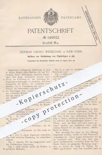 original Patent - Herman Georg Weibezahl , New York , 1902 , Heftöse zur Verbindung von Papieren | Papier Heften | Büro