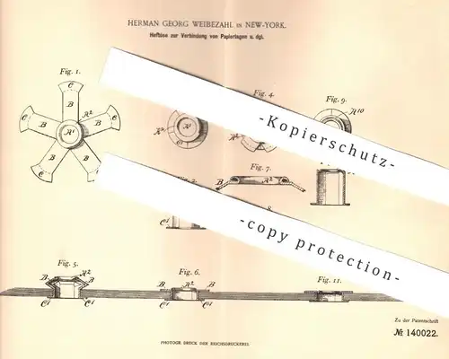 original Patent - Herman Georg Weibezahl , New York , 1902 , Heftöse zur Verbindung von Papieren | Papier Heften | Büro