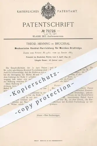 original Patent - Theod. Henning , Bruchsal , 1894 , Kontrolle für Weichen - Drahtzüge | Eisenbahn , Zug , Eisenbahnen