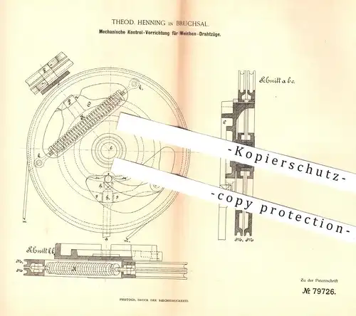 original Patent - Theod. Henning , Bruchsal , 1894 , Kontrolle für Weichen - Drahtzüge | Eisenbahn , Zug , Eisenbahnen