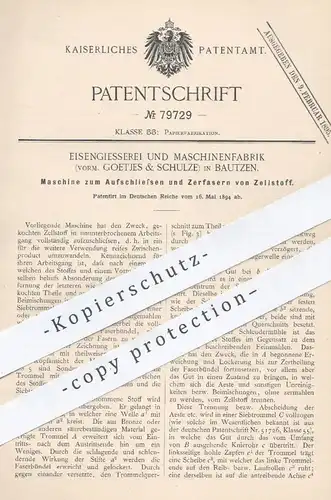 original Patent - Eisengiesserei & Maschinenfabrik Bautzen , vorm. Goetjes & Schulze , 1894 , Zerfasern von Zellstoff !!