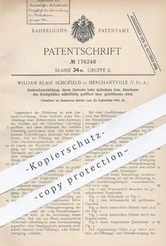 original Patent - William Blair Schofield , Merchantville , USA  1905 , Gaskocher | Gas , Herd , Brenner , Kochen , Koch