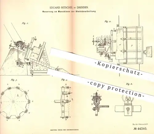 original Patent - Eduard Ritschel , Dresden , 1887 , Maschine zur Bearbeitung von Stein , Gestein , Ton | Steine !!!