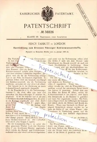 Original Patent  - Percy Tarbutt in London , 1886 , Dampfkessel nebst Ausrüstung !!!