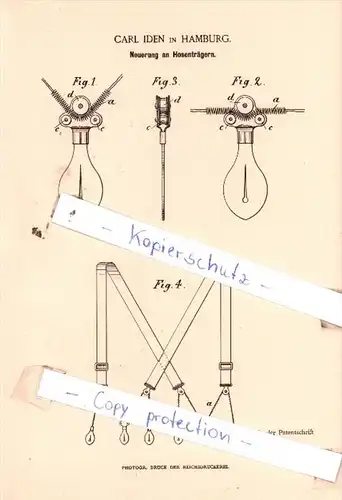Original Patent  - Carl Iden in Hamburg , 1885 , Neuerung an Hosenträgern !!!