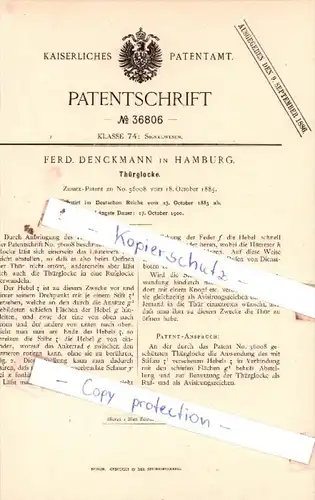 Original Patent  - Ferd. Denckmann in Hamburg , 1885 , Thürglocke !!!