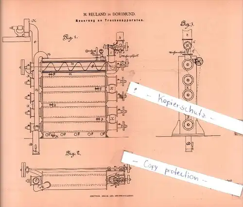 Original Patent  - M. Reuland in Dortmund , 1885 ,  Neuerung an Trockenapparaten !!!