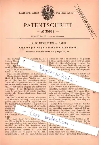 Original Patent  - L. A. W. Desruelles in Paris 1885 , Elektrische Apparate !!!