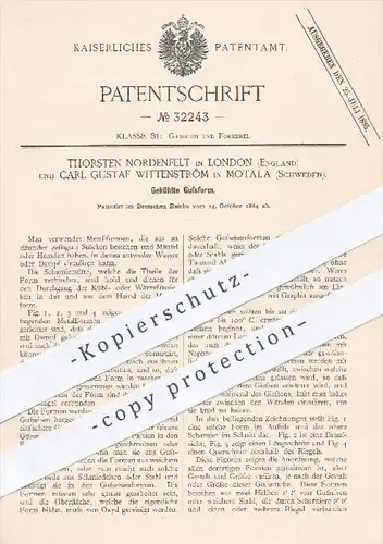 original Patent - T. Nordenfelt , London England | C. Gustaf Wittenström , Motala Schweden , 1884 , Gekühlte Guss - Form
