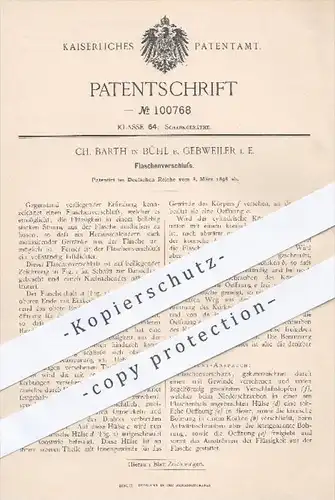 original Patent - Ch. Barth in Bühl bei Gebweiler , 1898 , Flaschenverschluss , Flasche , Flaschen , Getränke !!!