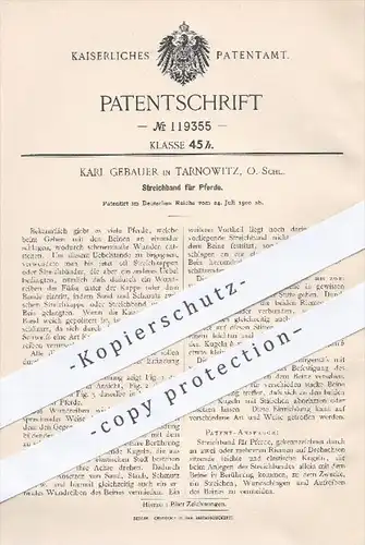 original Patent - K. Gebauer , Tarnowitz , 1900 , Streichband für Pferde | Pferd , Pferdezucht , Tiere , Reiten , Sport