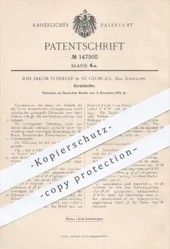 original Patent - Joh. Jakob Vosseler in St. Georgen , 1902 , Kerzenhalter , Kerze , Kerzen , Licht , Feuer , Leuchter !