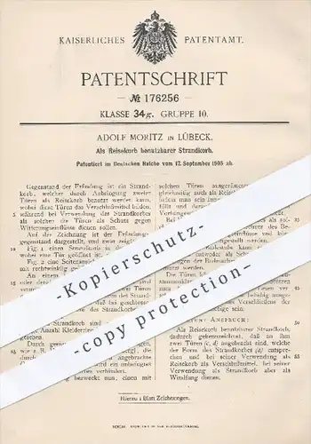 original Patent - Adolf Moritz , Lübeck  1905 , Als Reisekorb benutzbarer Strandkorb , Korb , Körbe , Korbwaren , Strand