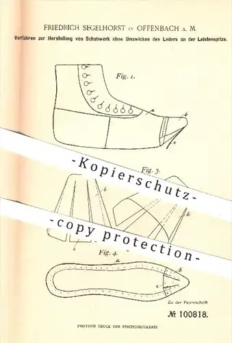 original Patent - F. Segelhorst , Offenbach / Main  1898 , Herstellung von Schuhwerk , Leder , Schuhe , Schuh , Schuster