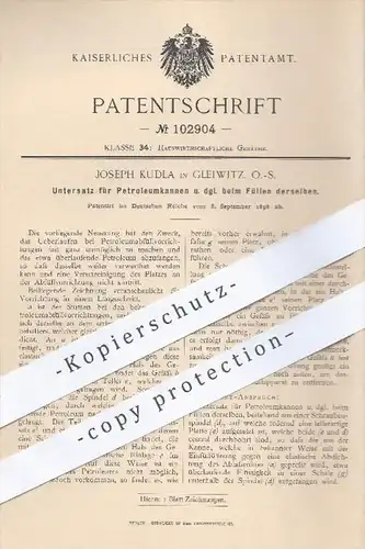 original Patent - Joseph Kudla in Gleiwitz , 1898 , Untersatz für Petroleumkannen , Petroleum , Öl , Kanne , Brenner !!