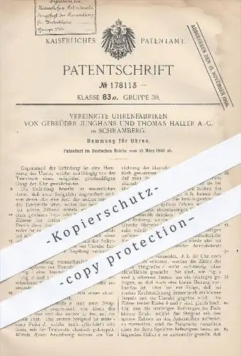 original Patent - Vereinigte Uhrenfabriken von Gebr. Junghans u. Thomas Haller AG , Schramberg , 1906 , Hemmung an Uhren