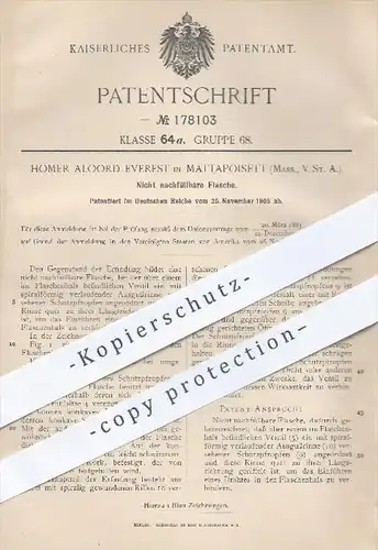 original Patent - Homer Aloord Everest , Mattapoisett Massachusetts USA , 1905 , Nicht nachfüllbare Flasche , Flaschen !