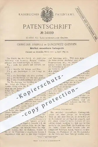 original Patent - Gebr. Däbritz , Loschwitz Dresden , 1885 , Mehrfach verwendbares Gartengerät , Garten , Landwirtschaft