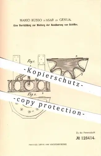 original Patent - M. Russo d'Asar , Genua  1899 , Vorrichtung zur Meldung der Annäherung von Schiffen | Schiff , Schiffe