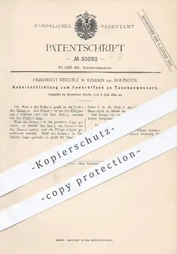 original Patent - F. Reichle , Linden / Solingen , 1884 , Hebelvorrichtung zum Federöffnen am Taschenmesser , Messer