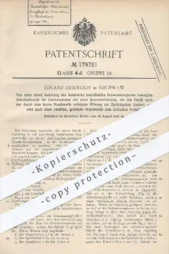 original Patent - Eduard Zickwolff in Siegen , 1905 , Abschlussventil für Gasfernzünder | Zünder , Gas , Gasleitung !!