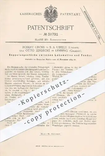original Patent - R. Gross , S. A. Ujhely , Ungarn | O. Lendecke , Lemberg , Galizien , 1884 , Kupplung an Lokomotive !