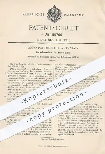 original Patent - Arno Pohorzeleck in Oschatz , 1905 , Deckelverschluss für Körbe , Korbwaren , Korb , Korbflechten !!