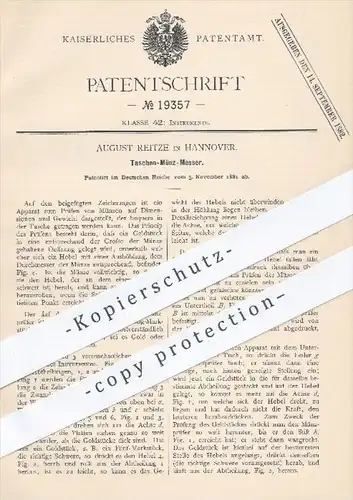 original Patent - August Reitze in Hannover , 1881 , Taschen-Münz-Messer zum Prüfen von Münzen , Geld , Geldstücke !!!