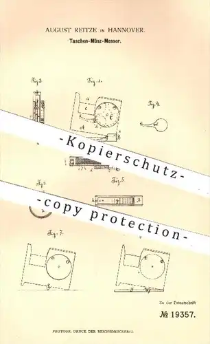 original Patent - August Reitze in Hannover , 1881 , Taschen-Münz-Messer zum Prüfen von Münzen , Geld , Geldstücke !!!