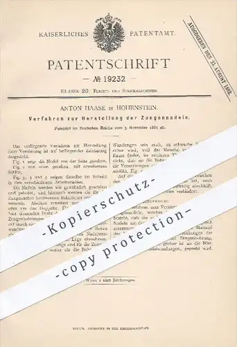 original Patent - Anton Haase in Hohenstein , 1881 , Herstellung der Zungennadeln | Nadel , Nadeln , Strickmaschinen !!