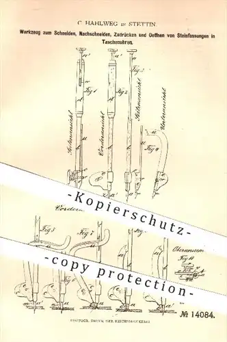 original Patent - C. Hahlweg in Stettin , 1880 , Werkzeug für Steinfassungen in Taschenuhren , Uhr , Uhren , Uhrmacher !