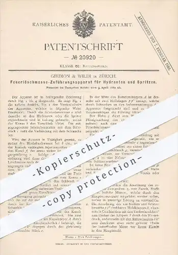 original Patent - Giedion & Wildi in Zürich , 1882 , Zuführung der Feuerlöschmasse für Hydranten u. Spritzen | Feuerwehr