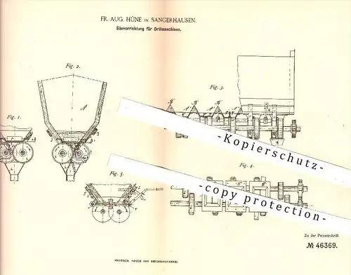 original Patent - F. A. Hüne , Sangerhausen , 1888 , Säevorrichtung für Drillmaschinen | Drillen , Säen , Saat , Aussaat