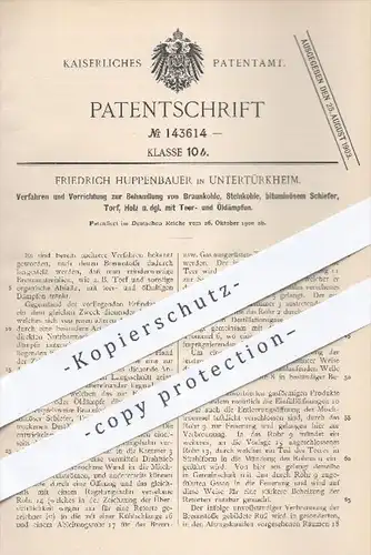 original Patent - Fr. Huppenbauer , Untertürkheim , 1900 , Behandlung von Braunkohle , Steinkohle , Holz mit Teer u. Öl