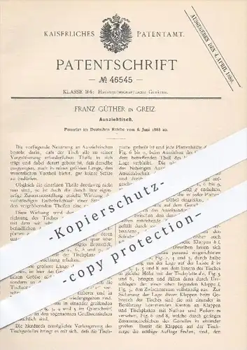 original Patent - Franz Güther in Greiz , 1888 , Ausziehtisch , Tisch zum Ausziehen , Tische , Tischler , Möbel , Holz !