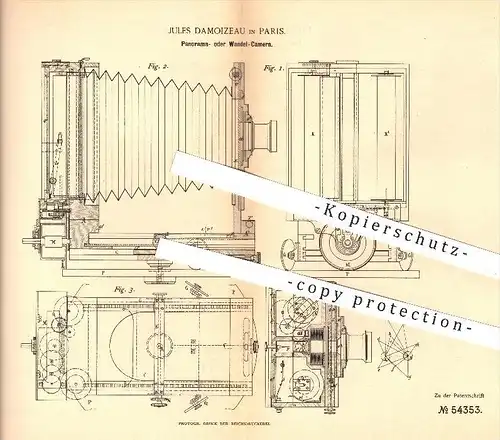 original Patent - Jules Damoizeau , Paris , 1889 , Panorama- o. Wandel - Kamera , Fotoapparat , Fotografie , Fotograf !!