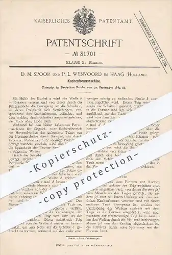 original Patent - D. M. Spoor und P. L. Wynvoord im Haag , Holland , 1884 , Kuchenformmaschine , Kuchenform , Bäcker !!
